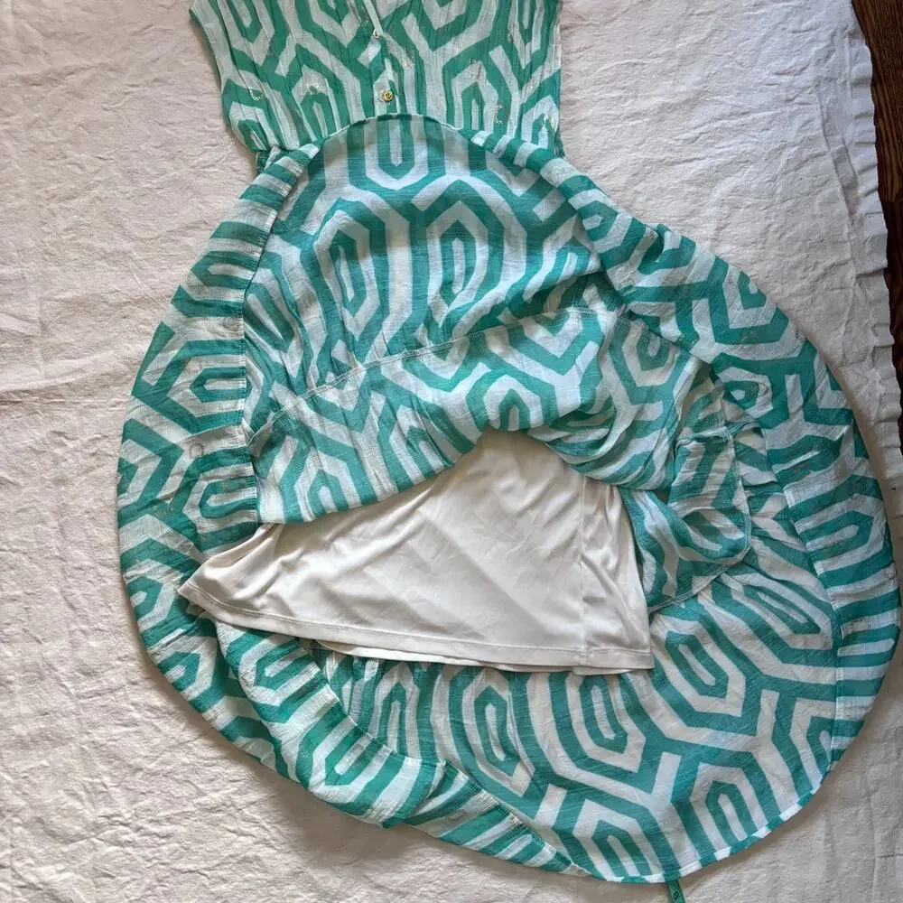 Alex & Parker Geometric Print Tiered Lightwear Resortwear Midi Dress Teal Gold S